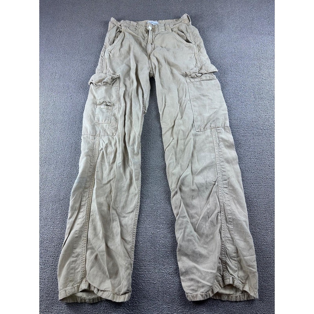 Y2K Zara Cargo Pants‎ Women 2 Tan Relaxed Linen Wide-Leg Streetwear Utility 00s